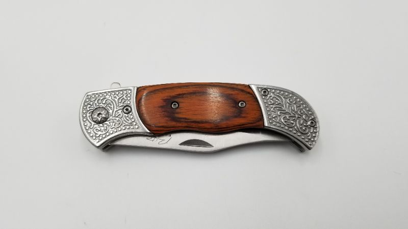 Photo 2 of 4.5 Inch Engraved Bol Wood Handle Pocket Knife New