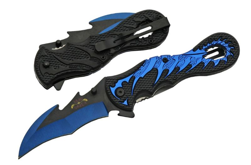 Photo 1 of 9 INCH DEAD WALKER DRAGON TAIL BLUE & BLACK FANTASY POCKET KNIFE NEW