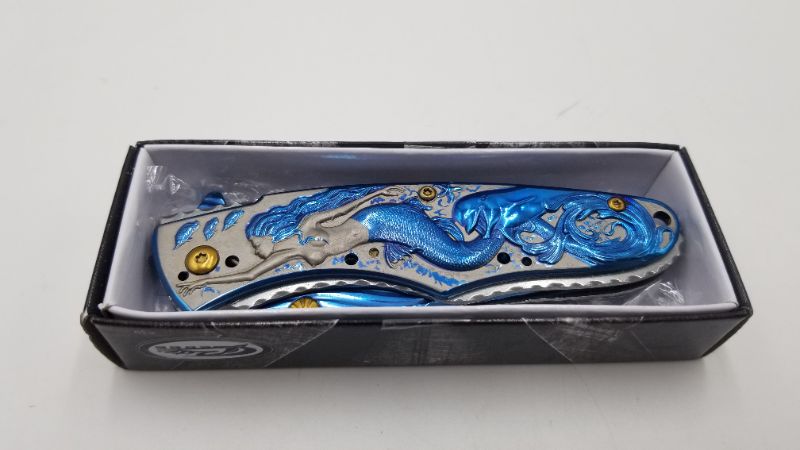 Photo 3 of Spring Assisted Opening Liner-Lock Blue Mermaid Folding EDC Knife 4.5 Inch New