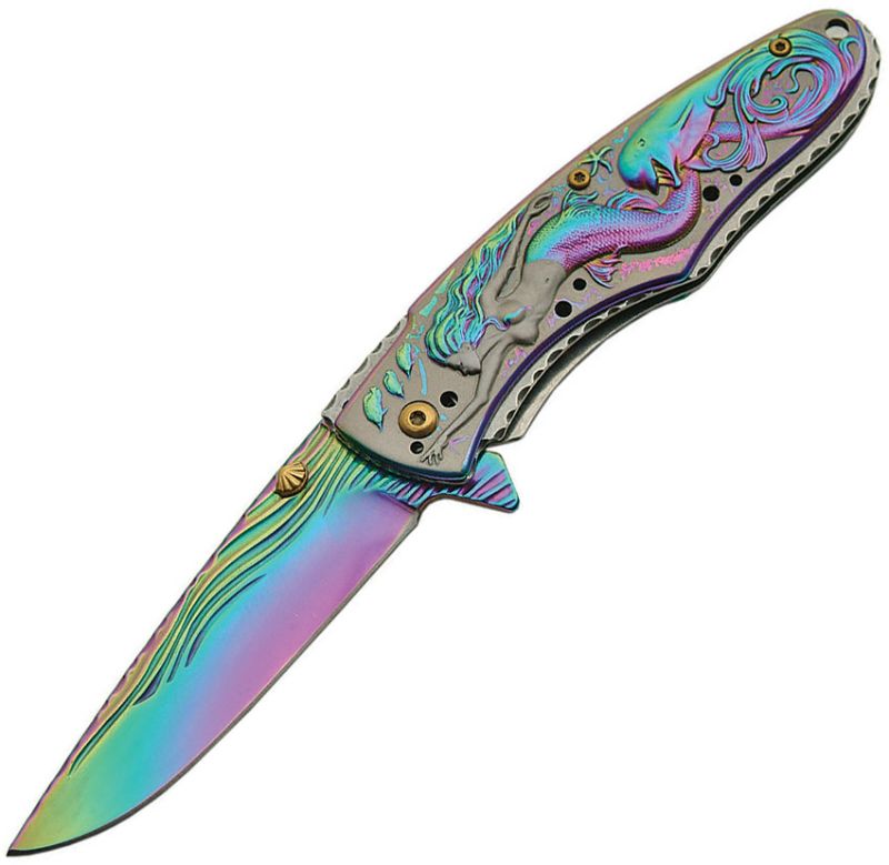 Photo 1 of Spring Assisted Opening Liner-Lock Oil Slick Mermaid Folding EDC Knife 4.5 Inch New