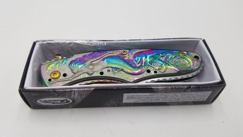 Photo 3 of Spring Assisted Opening Liner-Lock Oil Slick Mermaid Folding EDC Knife 4.5 Inch New