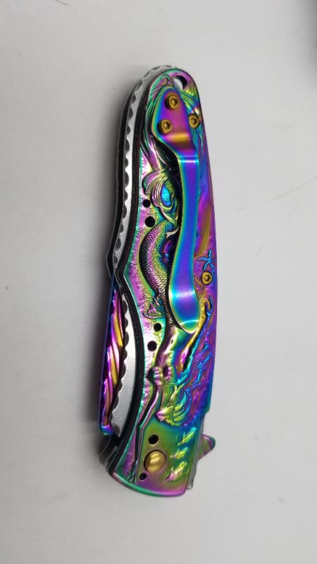 Photo 2 of Spring Assisted Opening Liner-Lock Oil Slick Mermaid Folding EDC Knife 4.5 Inch New