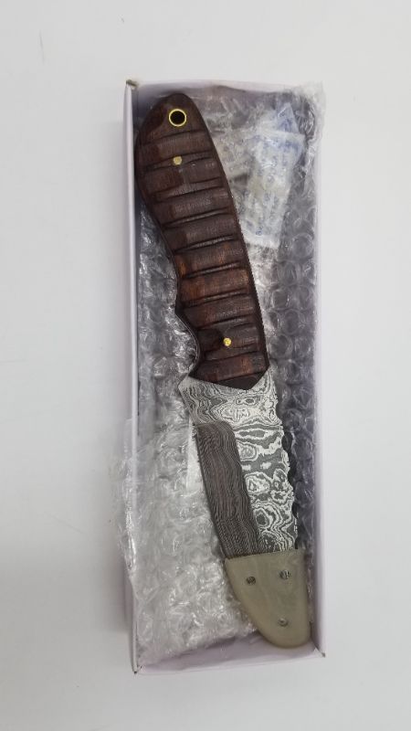 Photo 2 of 8.5 INCH GROOVED WOOD DAMASCUS HUNTING KNIFE NEW 