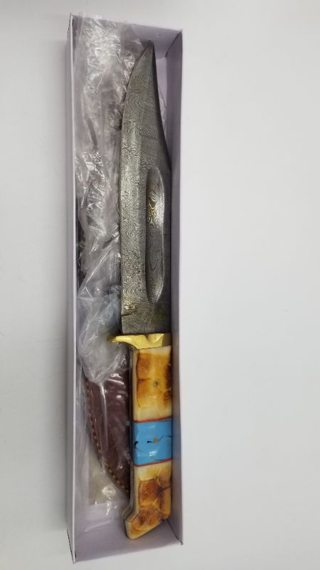 Photo 2 of 13.25 INCH DAMASCUS BURNT BO & TQ  HUNTING KNIFE NEW