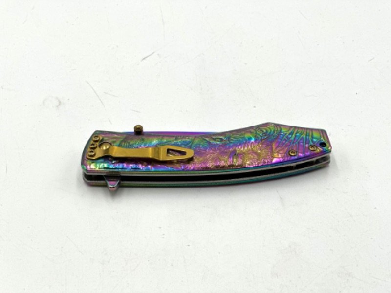 Photo 3 of WOLF AND MOON OIL SLICK DESIGN POCKET KNIFE NEW 