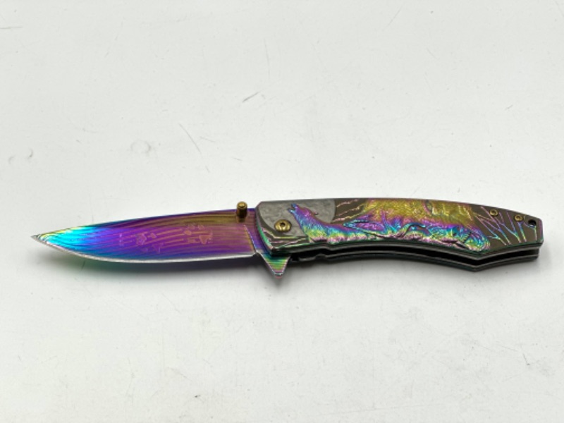 Photo 1 of WOLF AND MOON OIL SLICK DESIGN POCKET KNIFE NEW 