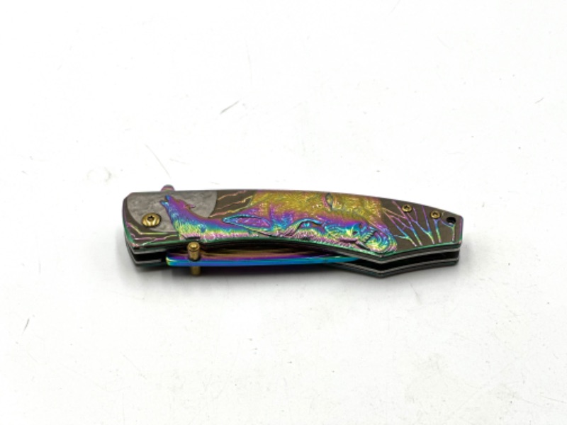 Photo 2 of WOLF AND MOON OIL SLICK DESIGN POCKET KNIFE NEW 