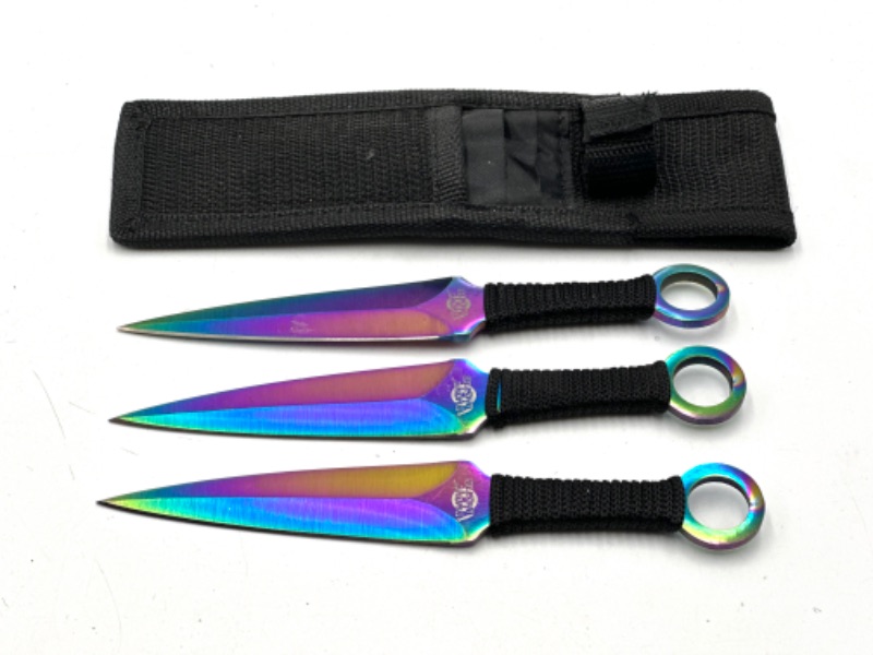 Photo 1 of SET OF 3 OIL SLICK TARGET MASTER THROWING KNIVES WITH HOLDER NEW