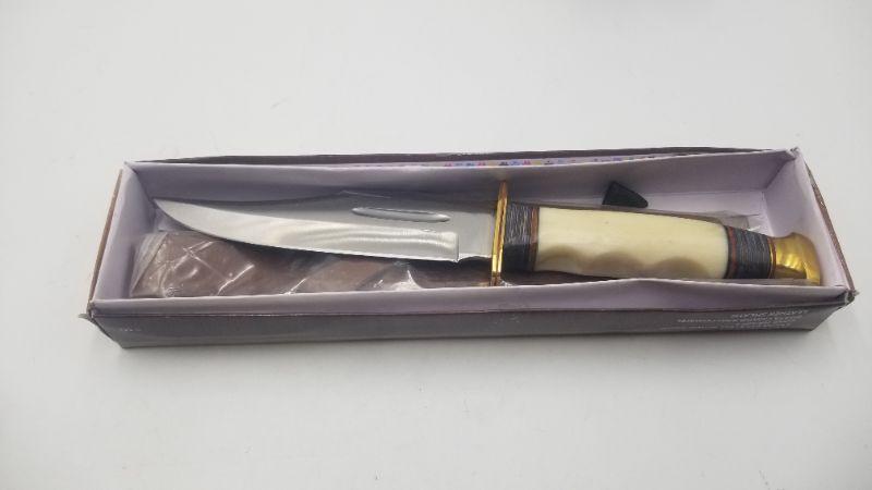 Photo 2 of 11.25 Inch Bone/Wood Handle Bowie Blade Style Hunting Knife with Leather Sheath, Multicolor New