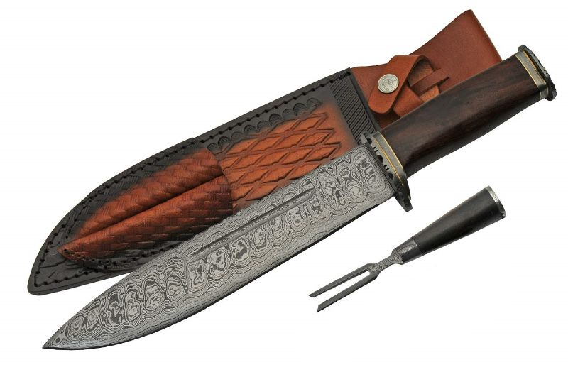 Photo 1 of 14.5 Inch 2 Piece Camping Set Damascus Bowie Blade Knife with Utensil Brown New