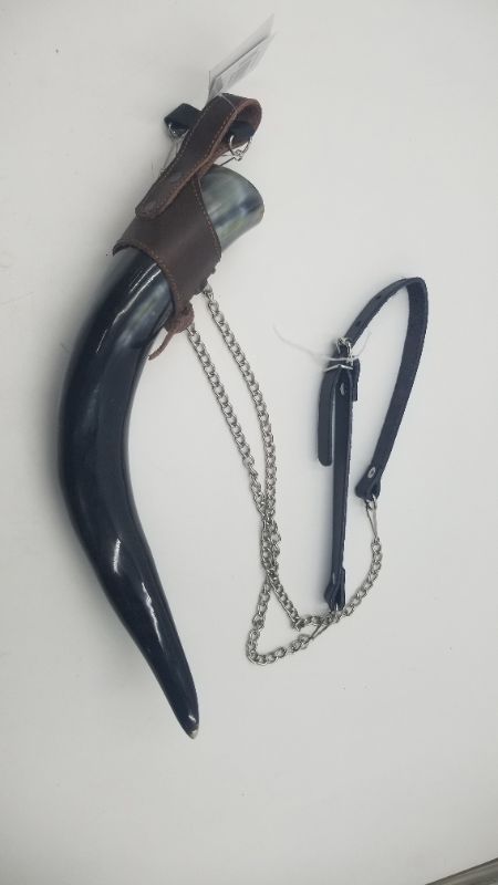 Photo 3 of  8.5 Inch Black Horn Viking/Medieval Style Beer/Mead/Grog/Wine Drinking Horn with Leather Strap New