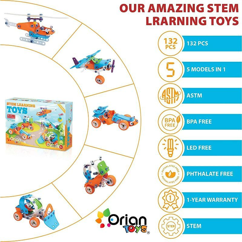 Photo 3 of Orian Toys 5 in 1 STEM Learning Toys for Boys and Girls, Best IQ Builder STEM Learning Toys Creative Construction Engineering for Kids 5-11 years old, DIY Building Kit, 132 Pieces, Play Set - Gift Box