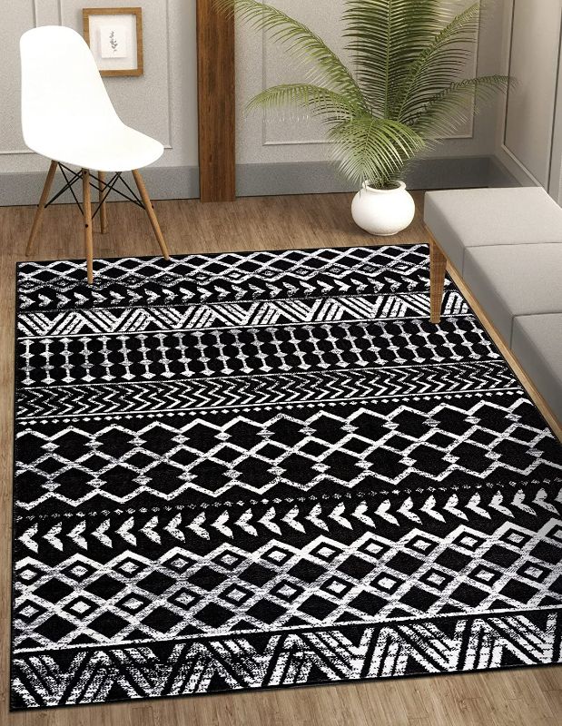 Photo 4 of CAMILSON Boho Moroccan Area Rug, 5x7 Geometric, Diamond Design for Living Room Bedroom Black / White Indoor Area Rugs Bohemian 