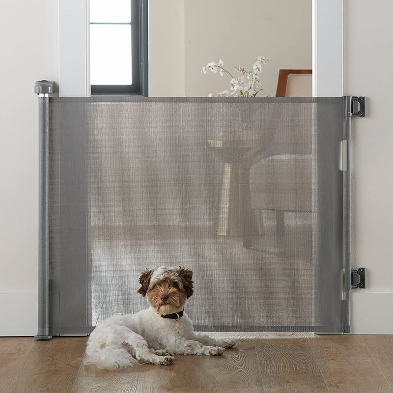 Photo 4 of Cumbor Retractable Baby Gates for Stairs, Mesh Pet Gate 33" Tall, Extends to 55" Wide, Extra Wide Dog Gate for The House, Long Child Safety Gates for Doorways, Hallways, Cat Gate Indoor/Outdoor(Gray)