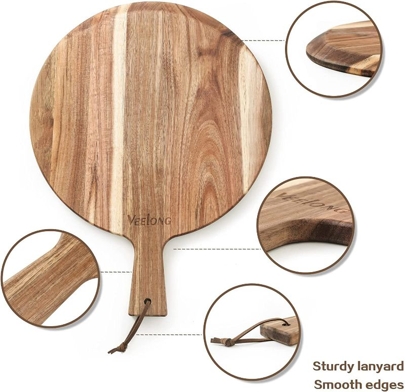 Photo 2 of VEELONG Pizza Paddle, 17"x13.5" Wood Pizza Peel, Round Pizza Cutting Board with Handle, Great for Homemade Pizza, Bread and Cheese