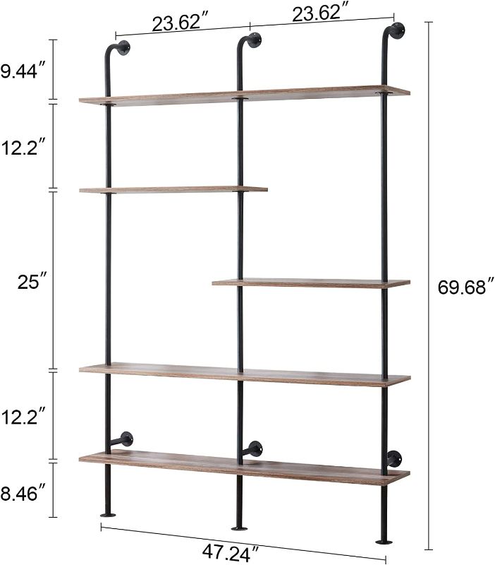 Photo 2 of HOMISSUE Industrial Bookshelf 5-Tier Open Wall Mount Ladder Bookshelf, Modern Bookcase with Metal Frame and Wood for Home Office, Wall Mounted Industrial Iron Pipe Shelf, Oak Brown