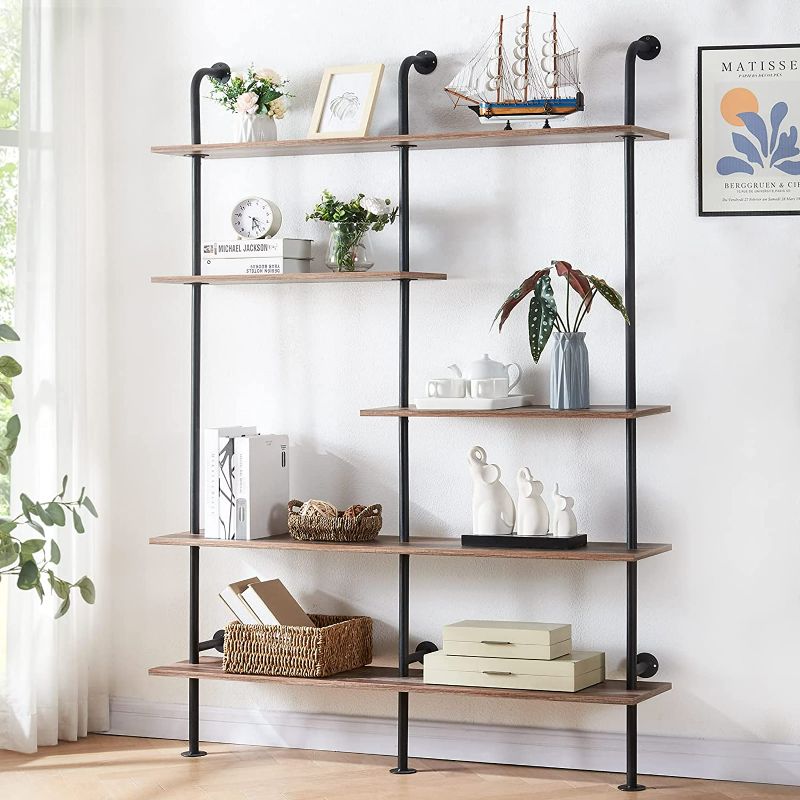 Photo 1 of HOMISSUE Industrial Bookshelf 5-Tier Open Wall Mount Ladder Bookshelf, Modern Bookcase with Metal Frame and Wood for Home Office, Wall Mounted Industrial Iron Pipe Shelf, Oak Brown