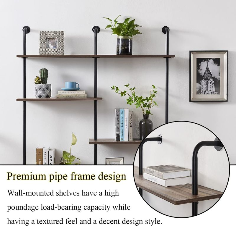 Photo 4 of HOMISSUE Industrial Bookshelf 5-Tier Open Wall Mount Ladder Bookshelf, Modern Bookcase with Metal Frame and Wood for Home Office, Wall Mounted Industrial Iron Pipe Shelf, Oak Brown