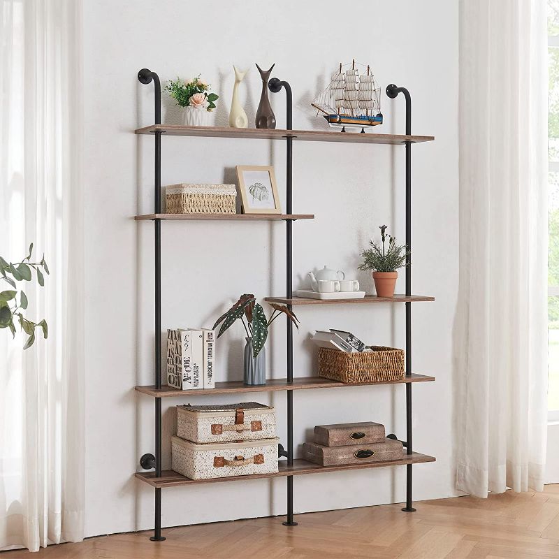 Photo 3 of HOMISSUE Industrial Bookshelf 5-Tier Open Wall Mount Ladder Bookshelf, Modern Bookcase with Metal Frame and Wood for Home Office, Wall Mounted Industrial Iron Pipe Shelf, Oak Brown