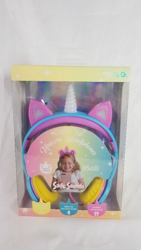 Photo 2 of Gabba Goods Premium Kid's/Children's SafeSounds LED Light Up in The Dark Unicorn Over The Ear Comfort Padded Stereo Headphones with AUX Cable | Earphones - 85 Decibels Rainbow Unicorn