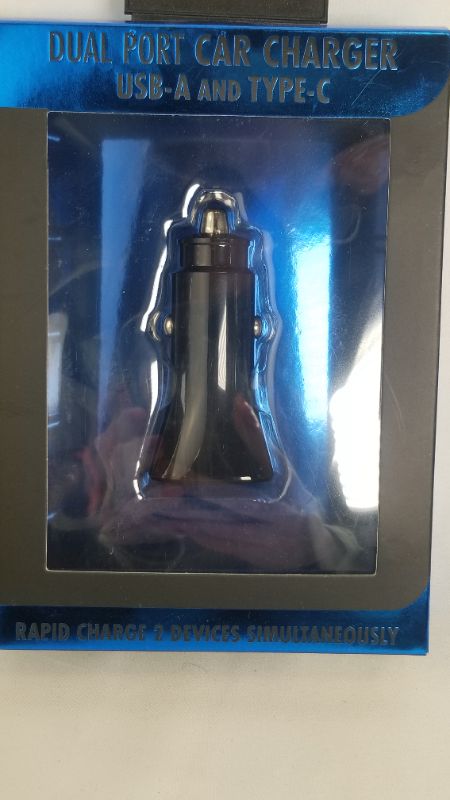 Photo 2 of BLACK AND BLUE DUAL PORT CAR CHARGER USB-A  AND TYPE-C PORTS 3.4AMPS CHARGES 2 DEVICES AT ONCE LED LIGHT 
