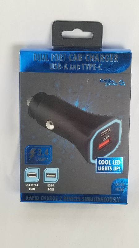 Photo 1 of BLACK AND BLUE DUAL PORT CAR CHARGER USB-A  AND TYPE-C PORTS 3.4AMPS CHARGES 2 DEVICES AT ONCE LED LIGHT 