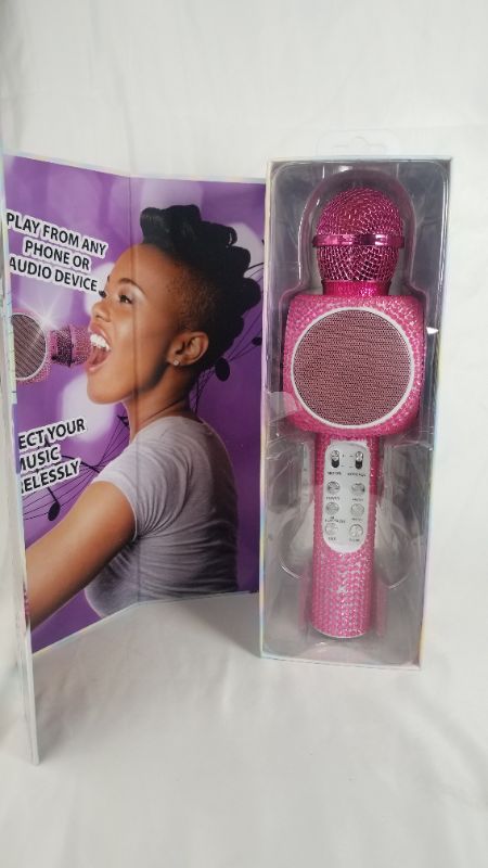 Photo 2 of Gabba Goods Karaoke Bling Karaoke Microphone Speaker Bluetooth Hand Held Karaoke Mic with Echo Effect Sing Along and Record Your self - Rhinestone - Bling (Pink)