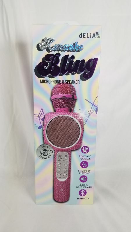 Photo 3 of Gabba Goods Karaoke Bling Karaoke Microphone Speaker Bluetooth Hand Held Karaoke Mic with Echo Effect Sing Along and Record Your self - Rhinestone - Bling (Pink)