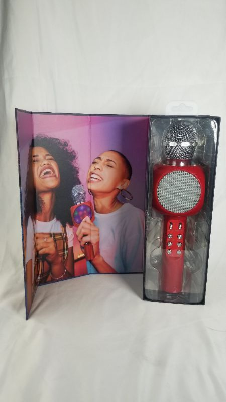 Photo 2 of Gabba Goods Karaoke LED Karaoke Microphone Speaker Bluetooth Hand Held Karaoke Mic with Echo Effect Sing Along and Record Your self (Red)