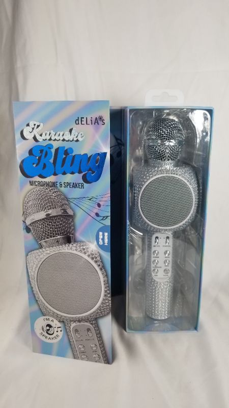 Photo 2 of Gabba Goods Karaoke Bling Karaoke Microphone Speaker Bluetooth Hand Held Karaoke Mic with Echo Effect Sing Along and Record Your self - Rhinestone - Bling (Silver)