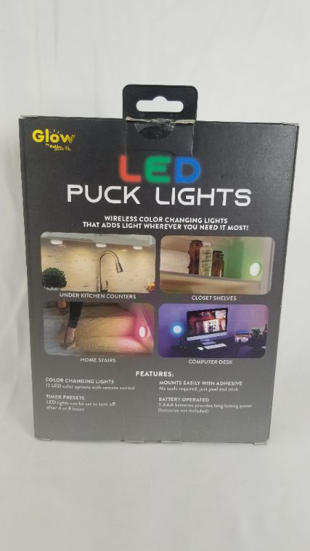 Photo 3 of 4 PUCK LIGHTS REMOTE LED LIGHT SET CONTROL WITH PUSH LIGHTS OR CONTROLLER 12 VARRYING COLORS LIGHTS REQUIRE 3 AAA BATTERIES NEW 