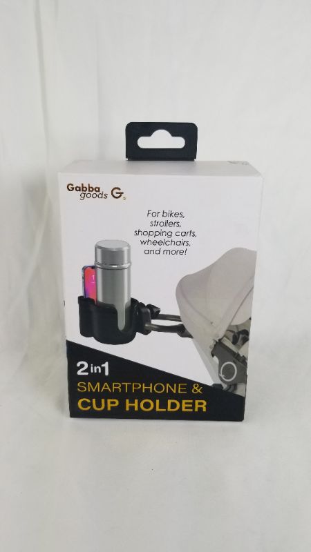 Photo 2 of Gabba Goods Baby Stroller Cup Holder with Phone Holder/Organizer, Universal Bike Cup Holder, 2-in-1 Cup Holder for Walker, Bike, Wheelchair, Walker