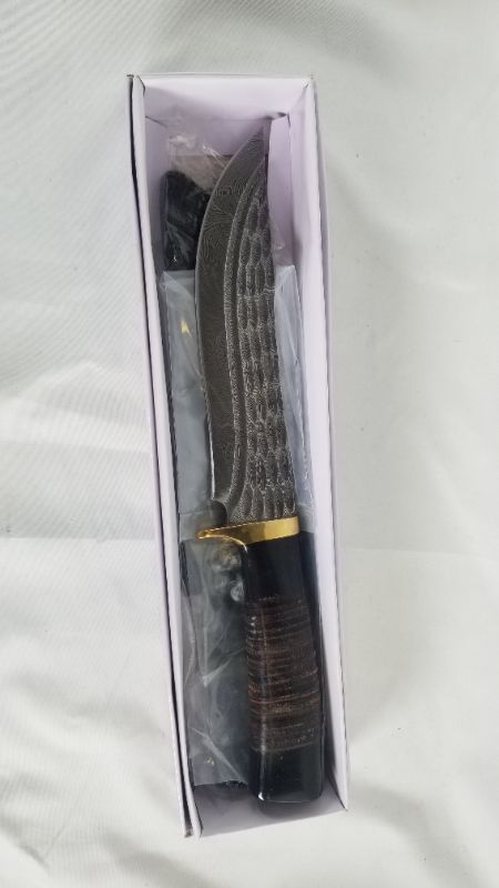 Photo 2 of 12 Inch Damascus Steel Horn and Leather Hunting Knife, brown