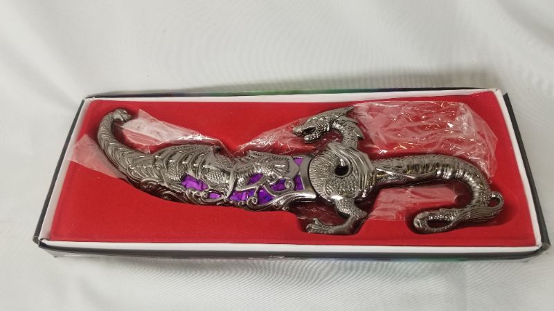 Photo 2 of 10” Fancy Metal Handle Decorative Purple Dragon Dagger Knife With Sheath