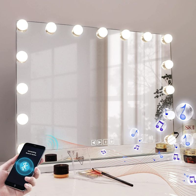 Photo 1 of COOLJEEN Vanity Mirror with Lights and Bluetooth, Hollywood Mirror with Lights 15 LED Dimmable Bulbs, Lighted Vanity Mirrors Adjustable Brightness, 3 Color Modes, USB Port