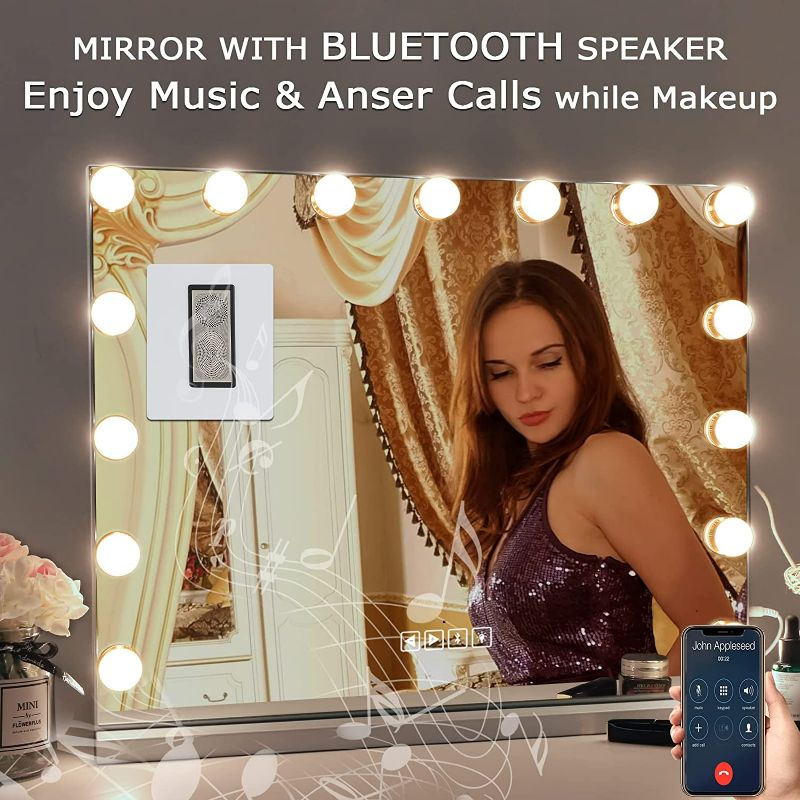 Photo 2 of COOLJEEN Vanity Mirror with Lights and Bluetooth, Hollywood Mirror with Lights 15 LED Dimmable Bulbs, Lighted Vanity Mirrors Adjustable Brightness, 3 Color Modes, USB Port