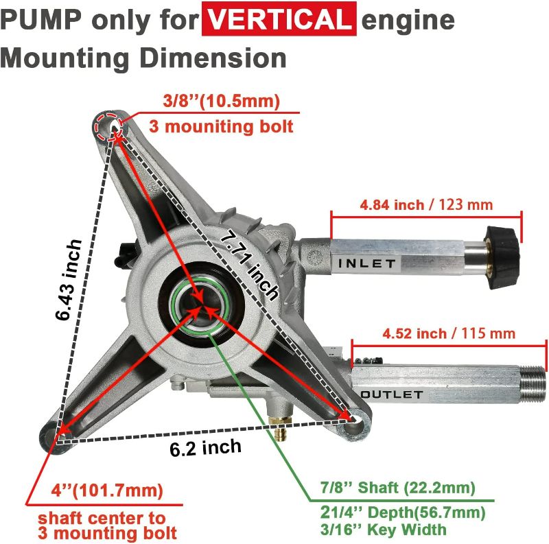 Photo 3 of AMATIC 7/8" Shaft Vertical Pressure Washer Pump, 2600-3000 PSI @2.5 GPM OEM & Replacement Pump for Power Washer, Replacement with Troybilt, Briggs&Stratton, Craftsman, AR, Honda Front Inlet/Outlet