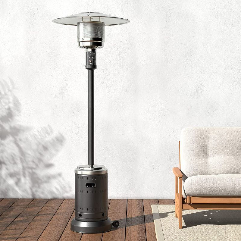 Photo 1 of Amazon Basics 46,000 BTU Outdoor Propane Patio Heater with Wheels, Commercial & Residential - Black / Stainless