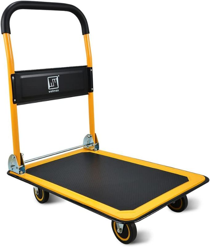 Photo 1 of Push Cart Dolly by Wellmax, Moving Platform Hand Truck, Foldable for Easy Storage and 360 Degree Swivel Wheels with 330lb Weight Capacity, Yellow Color