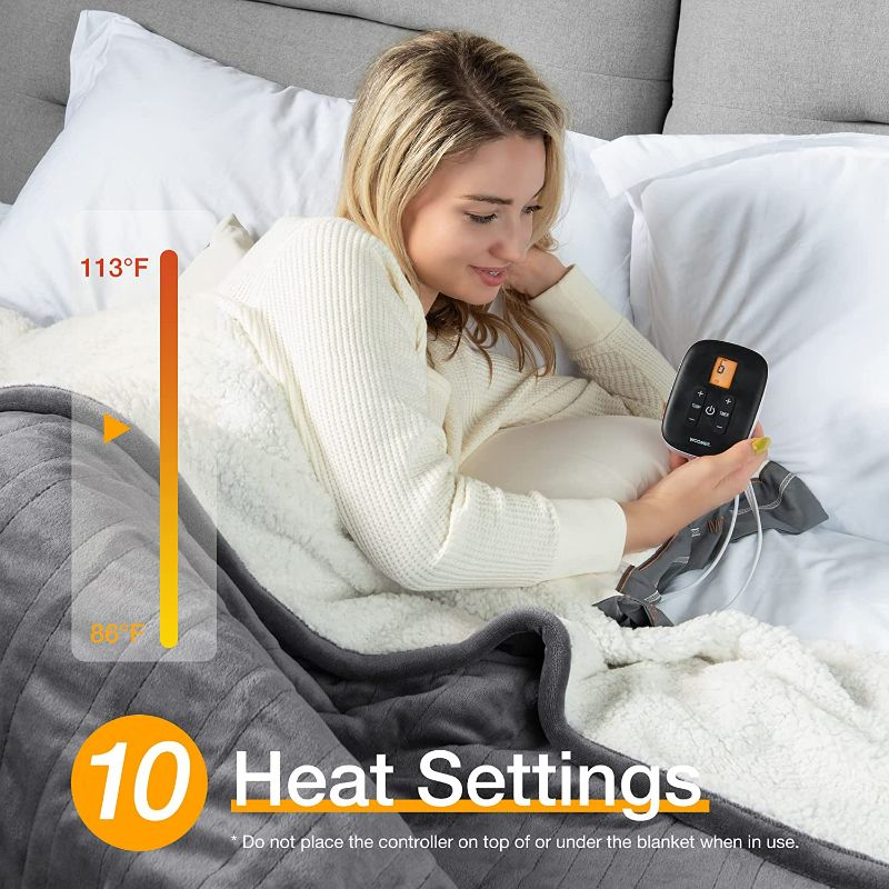 Photo 3 of WOOMER [5 Year Warranty] Heated Blanket King Size Electric Blanket 100"x 90" with Dual Controllers, Flannel & Sherpa Fast Heating Blanket, 10 Heating Levels, 0.5-12H Auto Off, Over-Heat Protection
