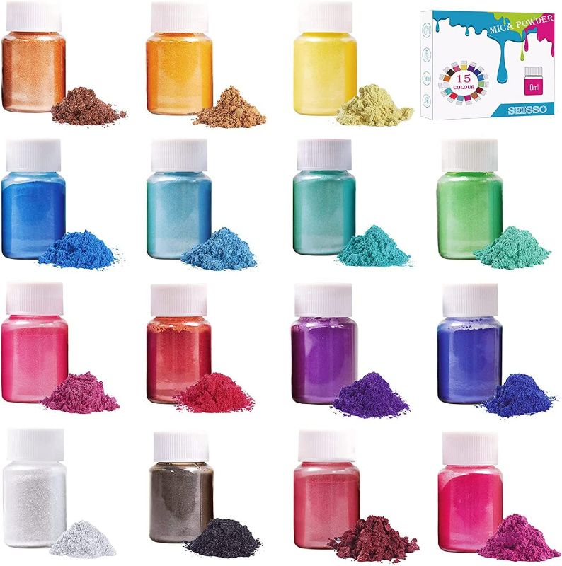 Photo 1 of Mica Powder Set - 15 Colors Pearlescent Powder Natural Cosmetic Grade Pigment for Epoxy Resin, Soap Making, Lip Gloss, Bath Bomb and DIY Craft, 10g/0.35oz Each New 