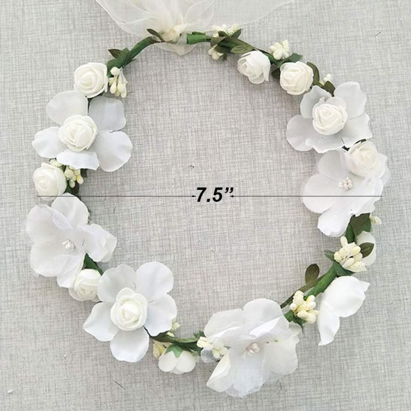 Photo 3 of Flower Crown Headband Wreath Garland Hair Bands Floral Wedding Bridal Hair Hoop Women Leaf Ribbon Party Decoration Headdress Headwear Christmas Handmade Headpiece Hair Accessories 2 Pack White New