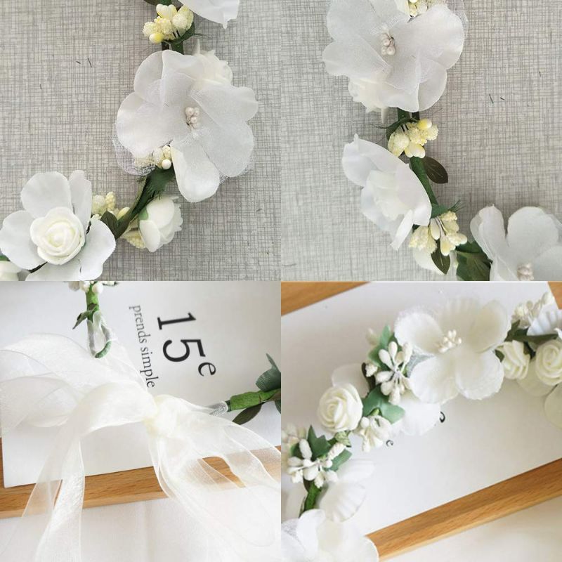 Photo 2 of Flower Crown Headband Wreath Garland Hair Bands Floral Wedding Bridal Hair Hoop Women Leaf Ribbon Party Decoration Headdress Headwear Christmas Handmade Headpiece Hair Accessories 2 Pack White New