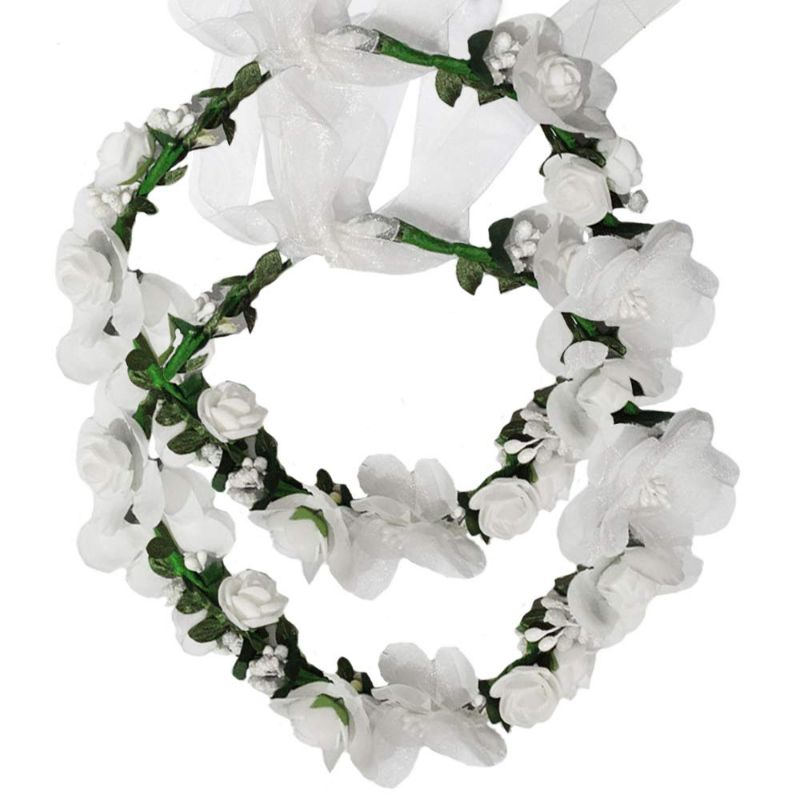 Photo 1 of Flower Crown Headband Wreath Garland Hair Bands Floral Wedding Bridal Hair Hoop Women Leaf Ribbon Party Decoration Headdress Headwear Christmas Handmade Headpiece Hair Accessories 2 Pack White New