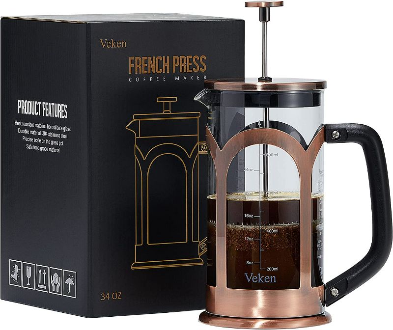 Photo 1 of Veken French Press Coffee & Tea Maker, 304 Stainless Steel Heat Resistant Borosilicate Glass Coffee Press, Durable Easy Clean 100% BPA Free, 34oz, Copper