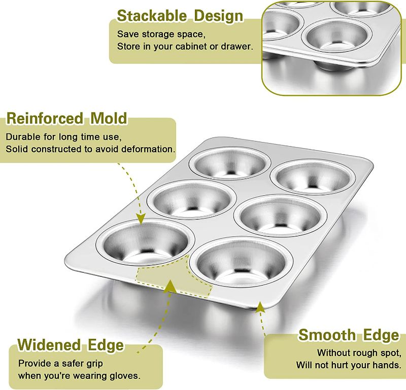 Photo 3 of P&P CHEF Muffin Pan Cupcake Baking Pan, 6-Cups Mini Stainless Steel Muffin Tray, Metal Cupcake Pan for Cake Tart Brownie Quiche, Food Safety & Heavy Duty, Easy Release & Dishwasher Safe New