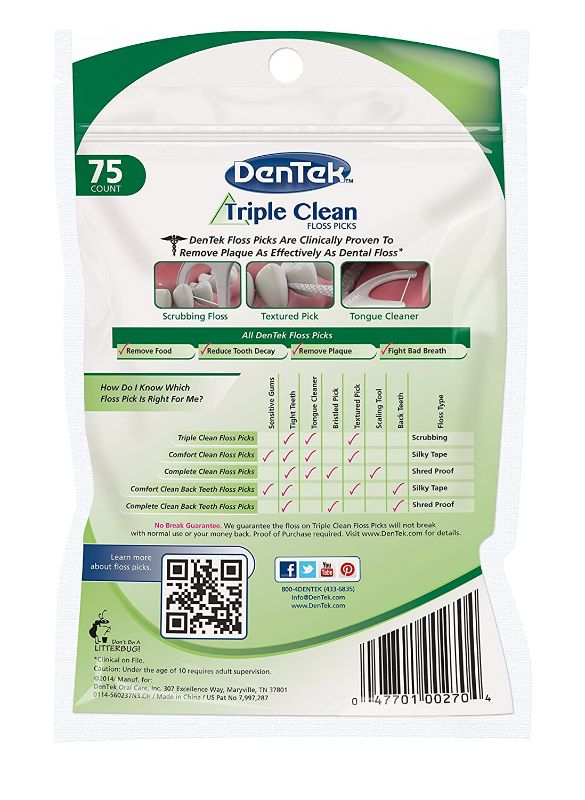 Photo 2 of Dentek Triple Clean Floss Picks, Fresh Mint, 75 Ct. 3 pack New