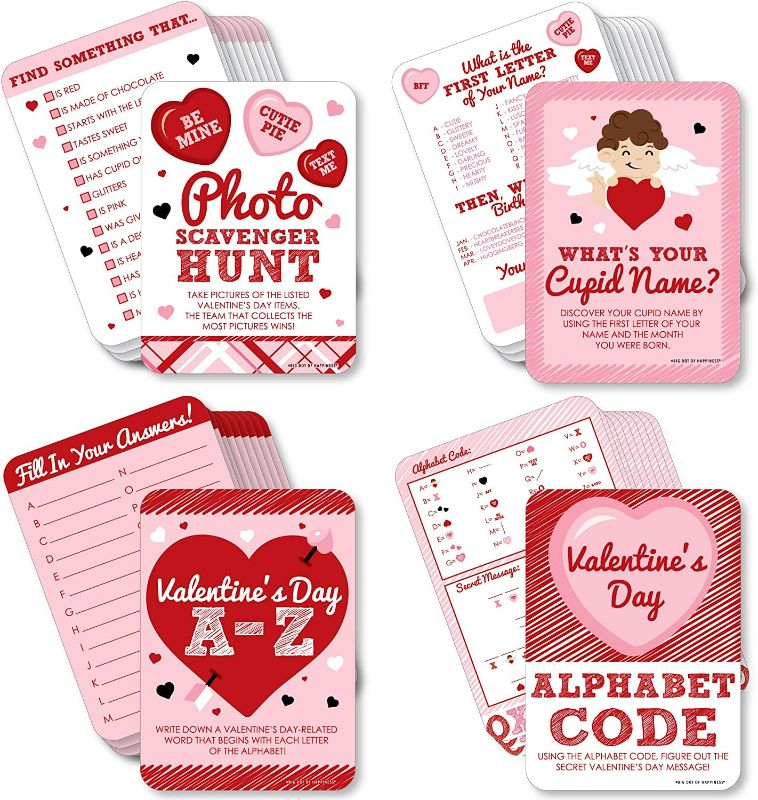 Photo 1 of Big Dot of Happiness Conversation Hearts - 4 Valentine’s Day Games - 10 Cards Each - A-Z, Alphabet Code, What's Your Cupid Name and Photo Scavenger Hunt - Gamerific Bundle New