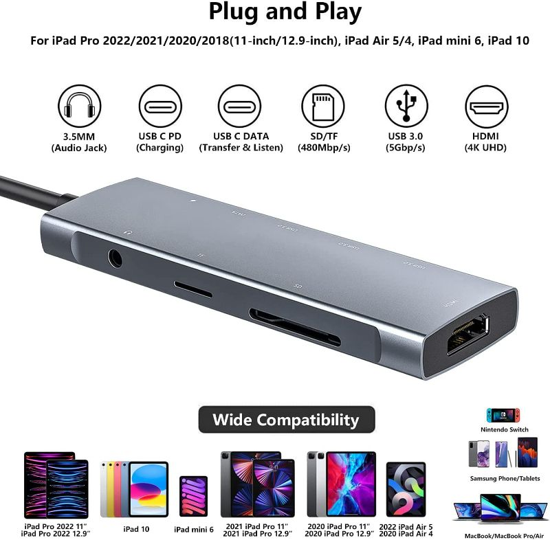 Photo 2 of USB C HUB for iPad Pro 9-in-1 Adapter iPad Pro 2021 2020 12.9 11 inch iPad Air 5 4 Docking Station with 4K HDMI, USB-C PD, SD/TF Card Reader, USB 3.0, 3.5mm Headphone Jack, Type C Data, iPad Mini 6 New