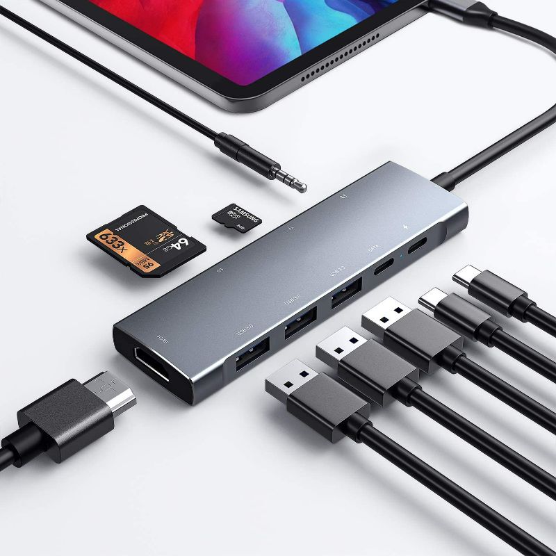 Photo 1 of USB C HUB for iPad Pro 9-in-1 Adapter iPad Pro 2021 2020 12.9 11 inch iPad Air 5 4 Docking Station with 4K HDMI, USB-C PD, SD/TF Card Reader, USB 3.0, 3.5mm Headphone Jack, Type C Data, iPad Mini 6 New